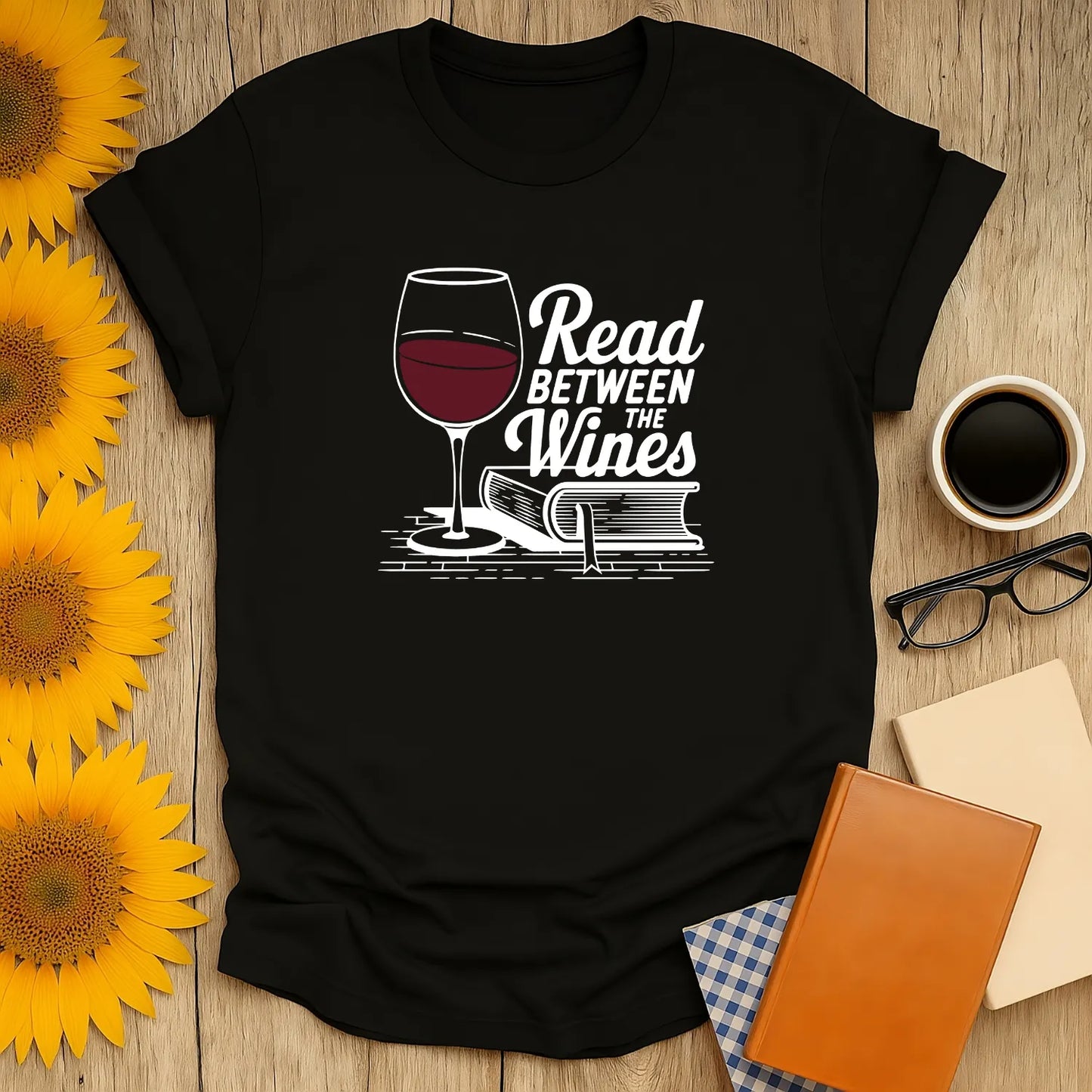 Read Between the Wines T-Shirt, relaxed fit unisex tee for book lovers, cozy vibes, reader aesthetic, organic cotton, gift for bibliophiles.