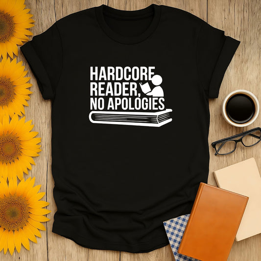 Hardcore Reader T-Shirt, a must-have for book lovers, featuring bold text and a stylish design.