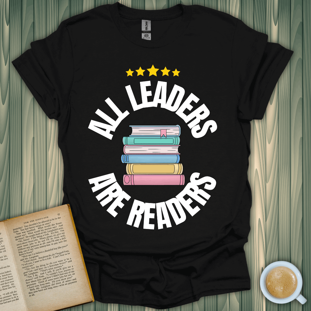 Black unisex Leaders Are Readers t-shirt featuring colorful book graphics, ideal for book lovers.