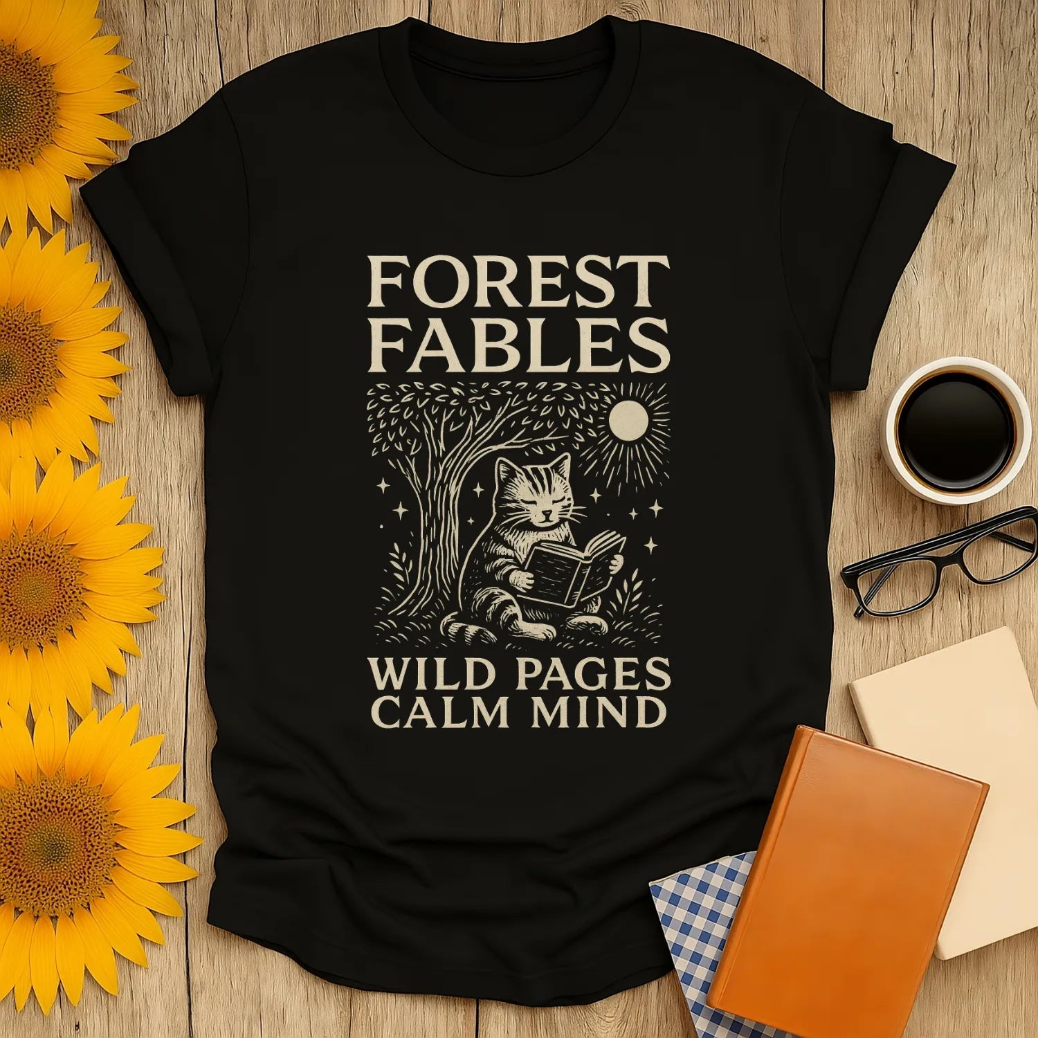 Whimsical cat reading under a tree design on a Forest Fables shirt, perfect for book lovers and cozy vibes.