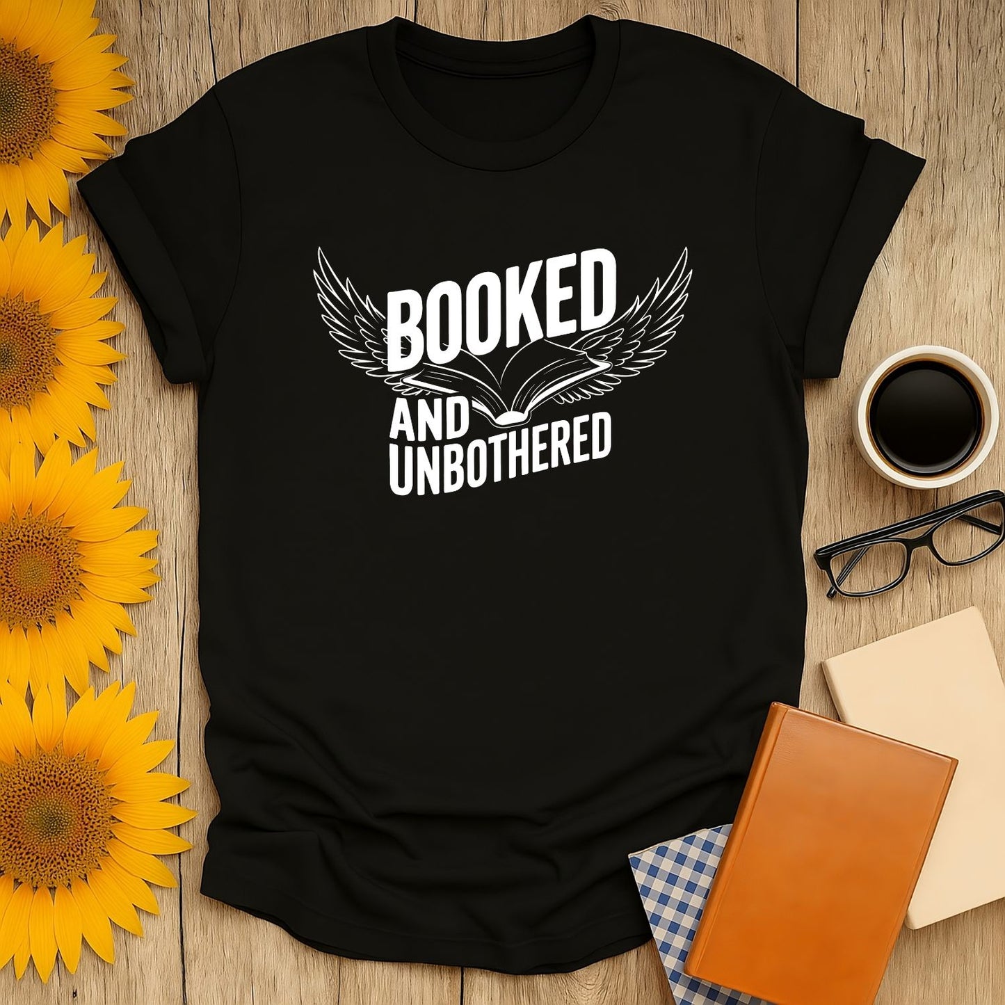 Cozy black 'Booked and Unbothered' t-shirt with wings and an open book. Perfect gift for book lovers, coffee, and cat enthusiasts.