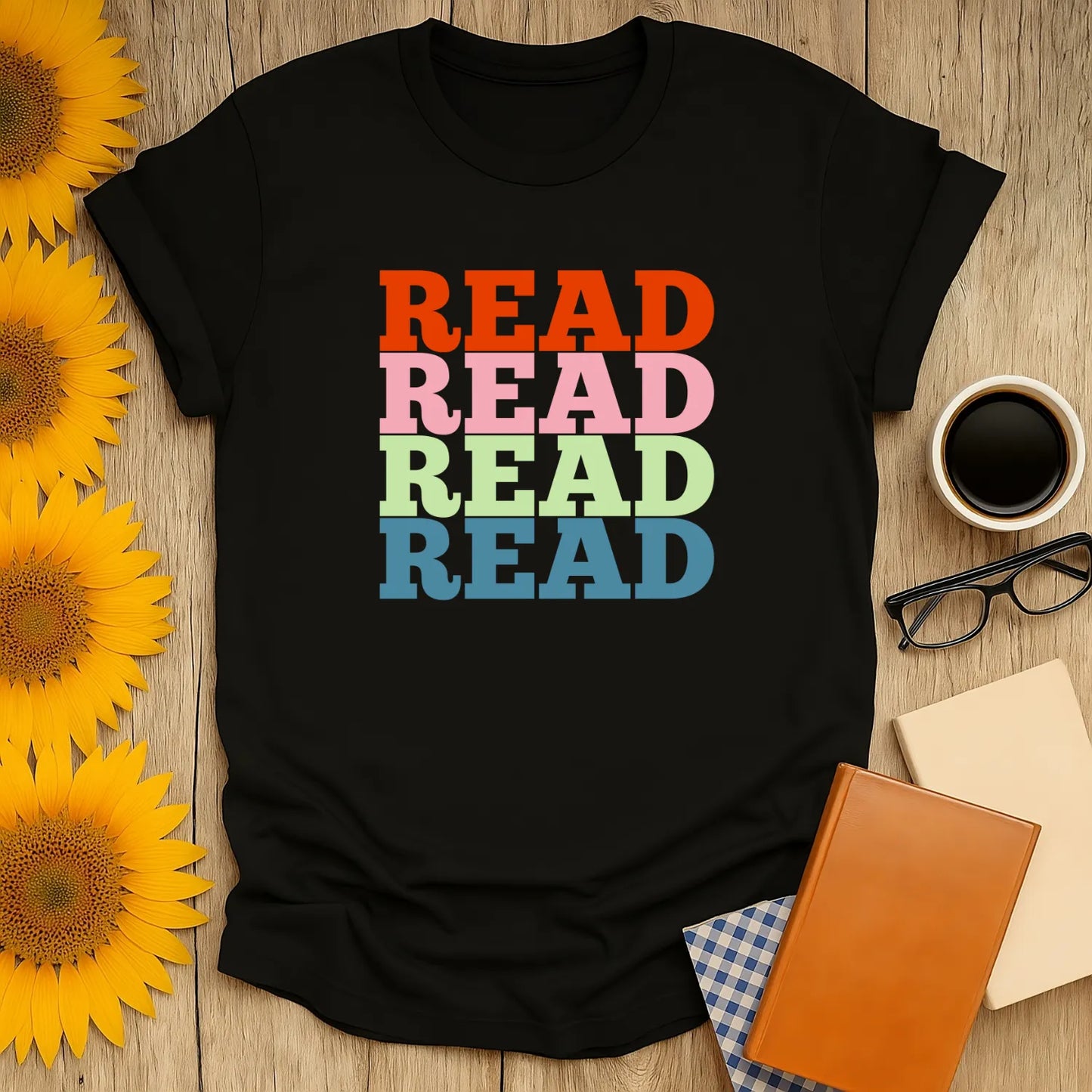 Read It Again T-Shirt featuring colorful stacked typography, a relaxed fit unisex design perfect for book lovers 📖.