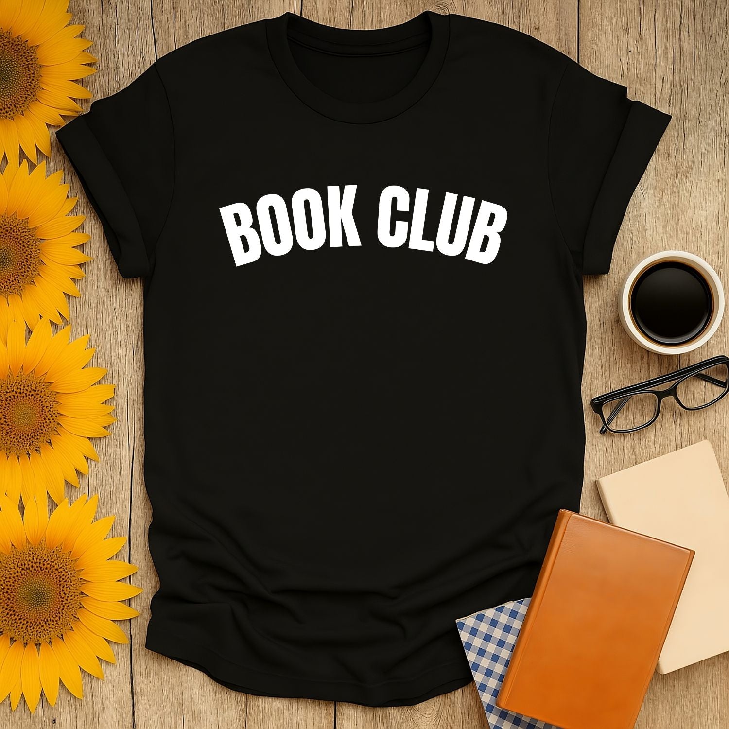 Cozy black book lover shirt with 'BOOK CLUB' text, perfect gift for readers who love coffee, cats, and bookish humor.
