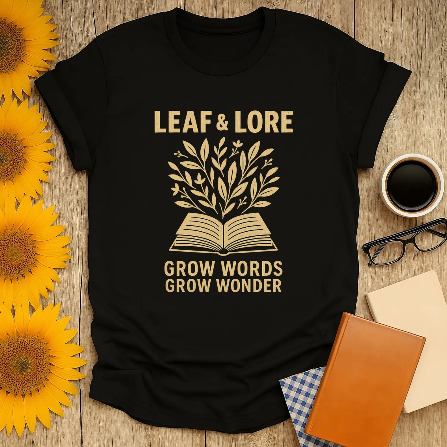 Leaf & Lore shirt with leaves sprouting from a book, saying 'Grow Words, Grow Wonder'—perfect gift for book lovers.