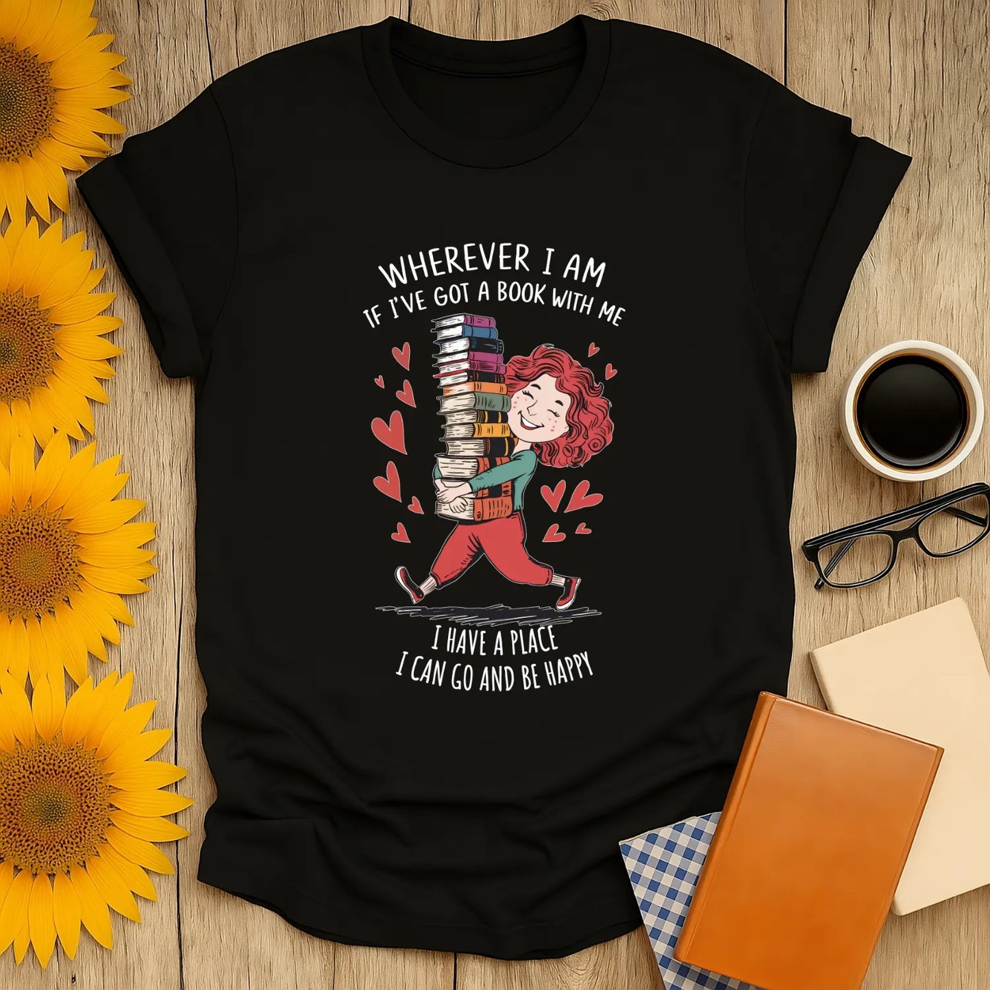 Bookish Escape T-Shirt featuring a joyful character with books, perfect for readers, unisex relaxed fit, ideal gift for bibliophiles.