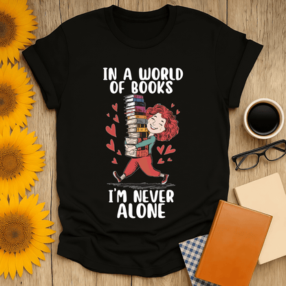 Never Alone with Books T-Shirt, a perfect gift for book lovers, featuring a cute design with books and hearts.