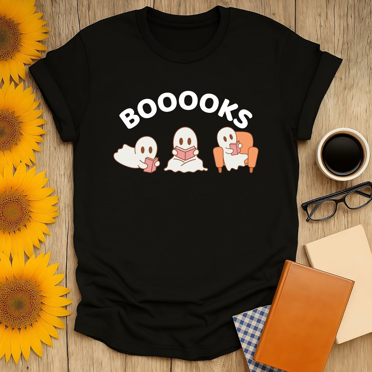 Booooks T-Shirt featuring playful ghosts reading, perfect for book lovers, made of 100% cotton, regular fit.