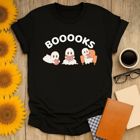 Booooks T-Shirt featuring playful ghosts reading, perfect for book lovers, made of 100% cotton, regular fit.