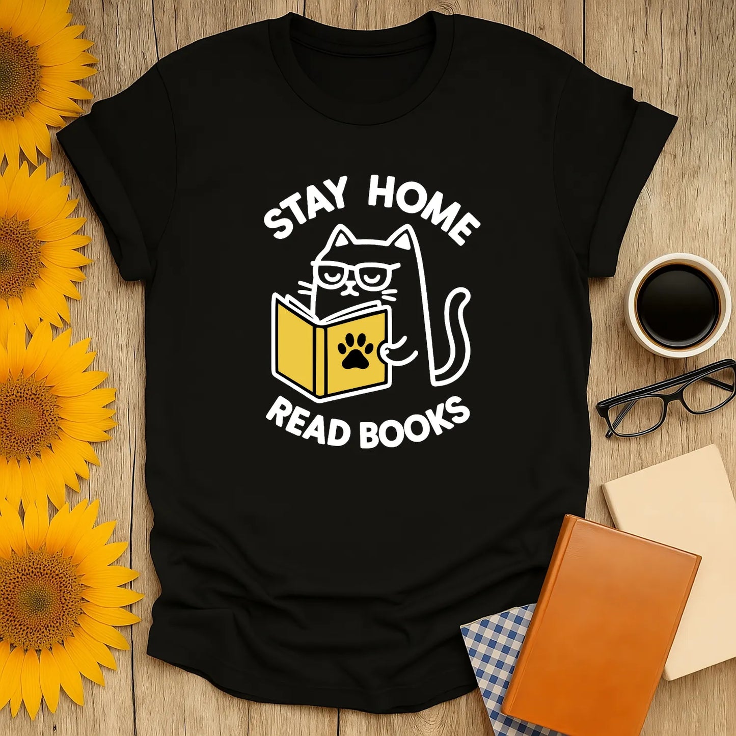 Funny cat reading shirt with text "Stay Home Read Books"—perfect gift for book lovers and cozy evenings.
