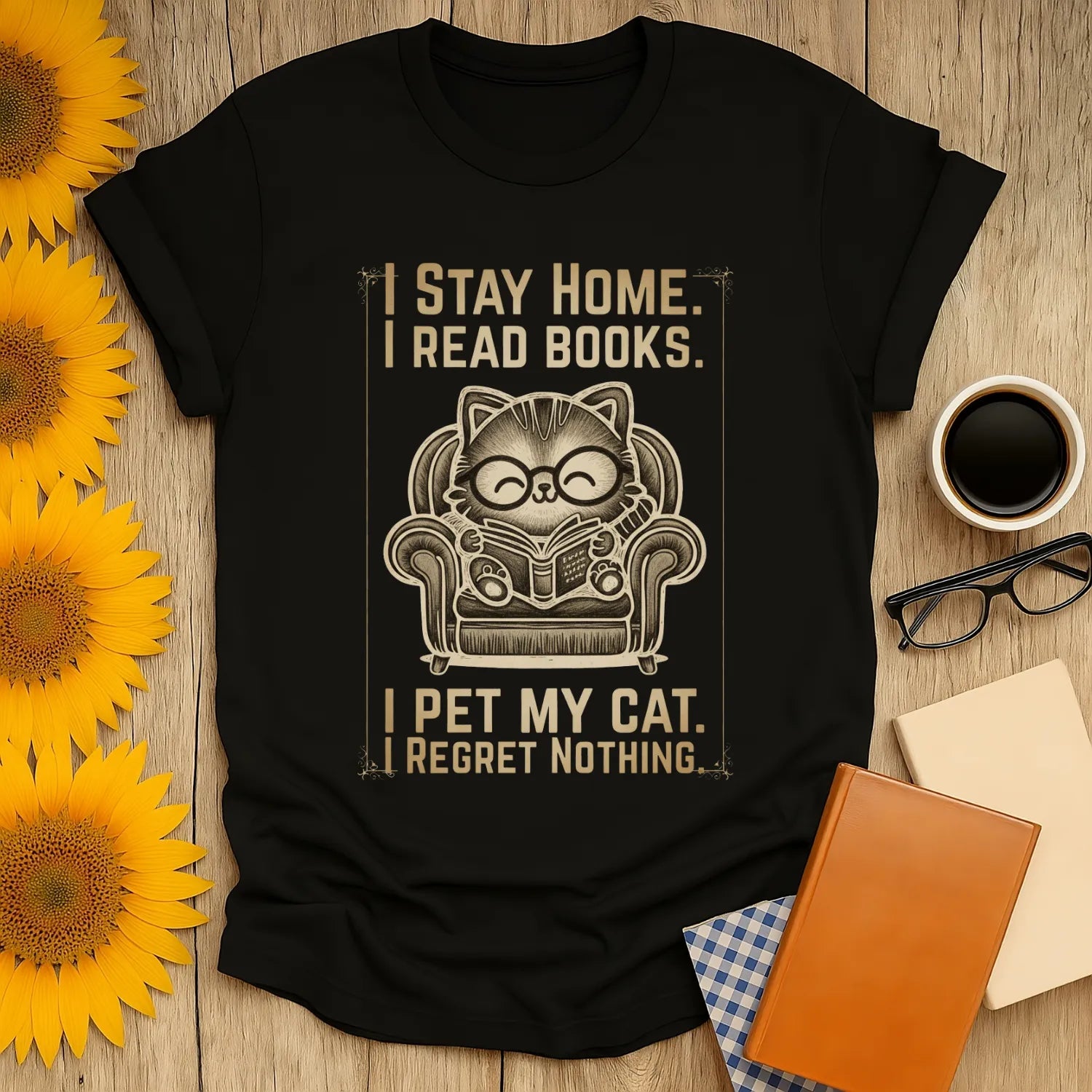 Vintage Cat Reader T-Shirt featuring a cute cat in glasses reading in an armchair, perfect gift for cozy book lovers.