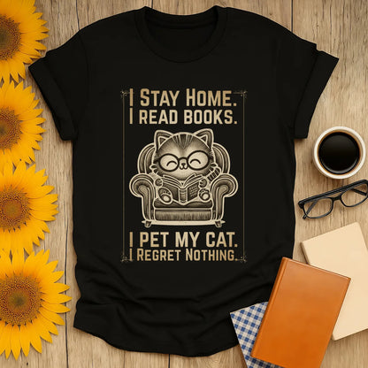Vintage Cat Reader T-Shirt featuring a cute cat in glasses reading in an armchair, perfect gift for cozy book lovers.