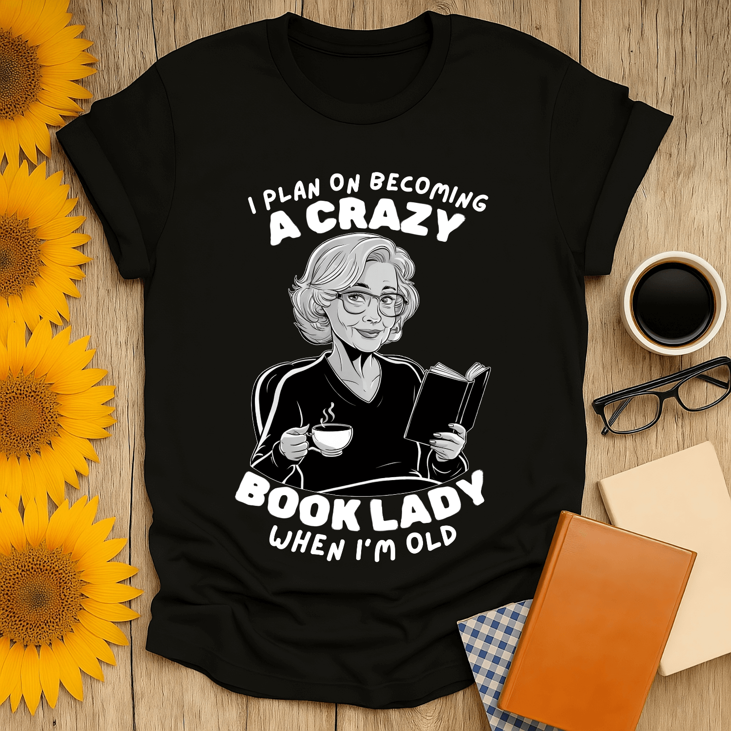 Crazy Book Lady 3 T-Shirt design featuring a woman reading, ideal for book lovers.