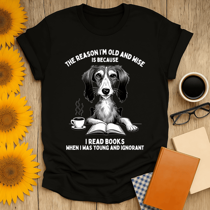 Old & Wise Reader T-Shirt featuring a dog reading with coffee, perfect for book lovers.