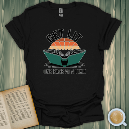 Get Lit Page by Page T-Shirt for book lovers, featuring a vibrant design on 100% cotton fabric.