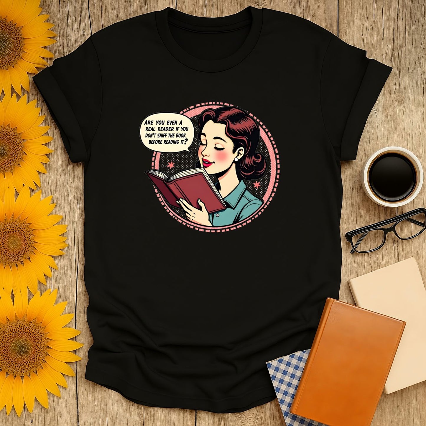 Comfy black t-shirt for book lovers featuring a vintage woman reading, with the text: 'Are you even a real reader if you don't annotate before reading?'