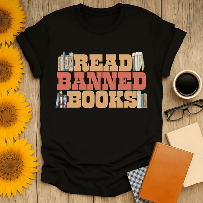 Read Banned Books T-Shirt for book lovers, 100% cotton, unisex fit, premium screen-printed design, perfect for literary enthusiasts.