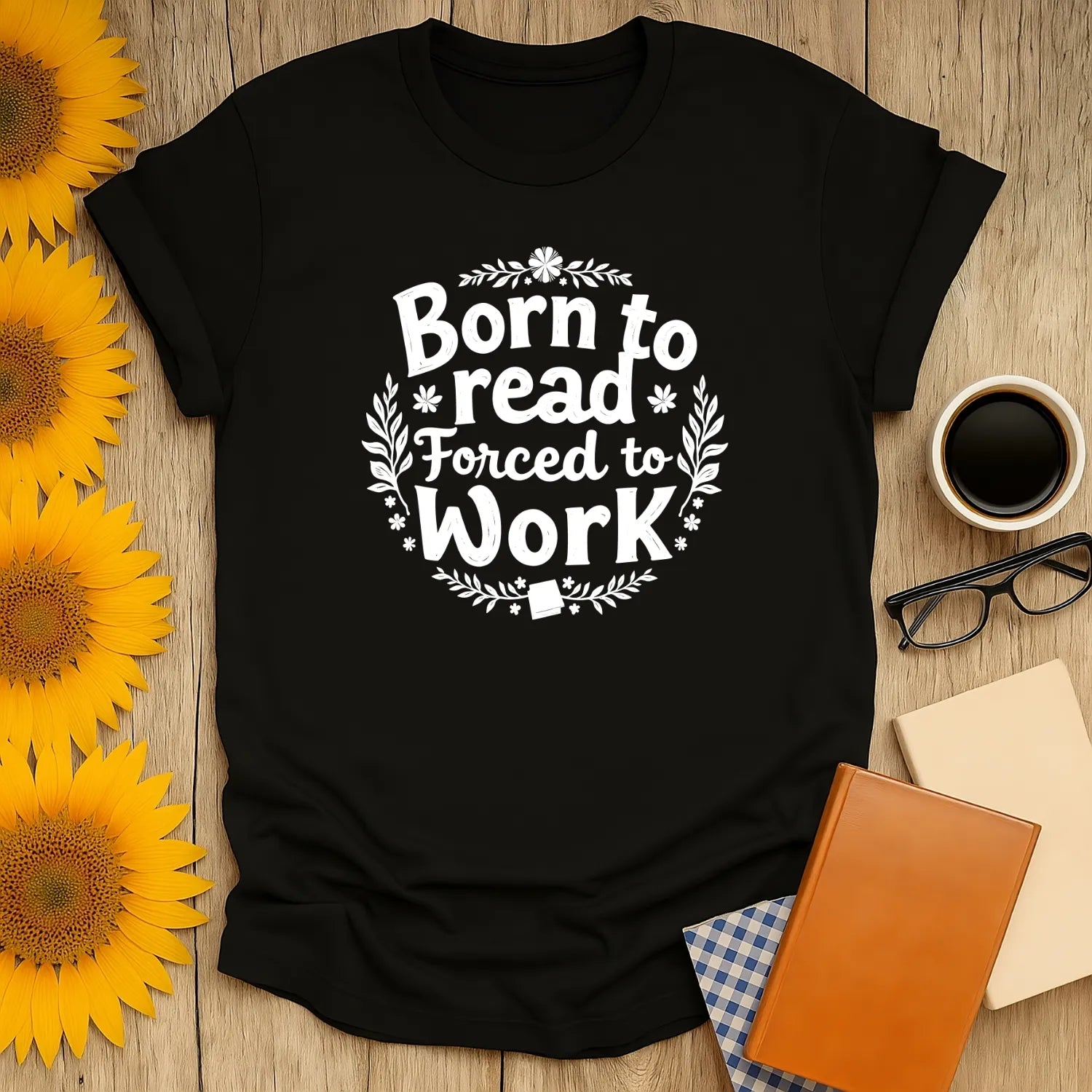 Ink & Imagination T-Shirt featuring bold lettering and floral design, perfect for book lovers and cozy reading outfits. 📖