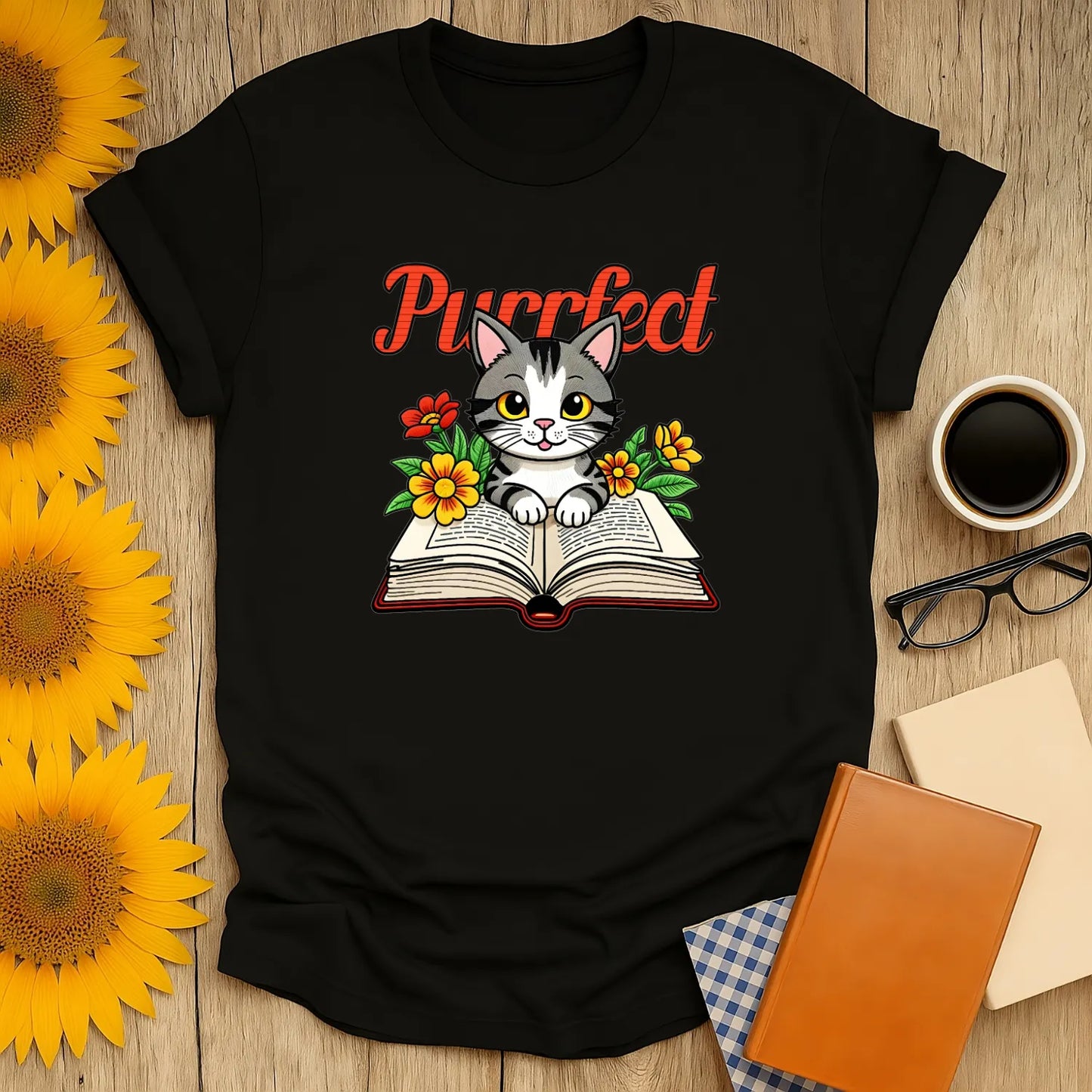 Cute cat on an open book surrounded by flowers, perfect for book lovers and cat enthusiasts alike. Cozy reading tee!