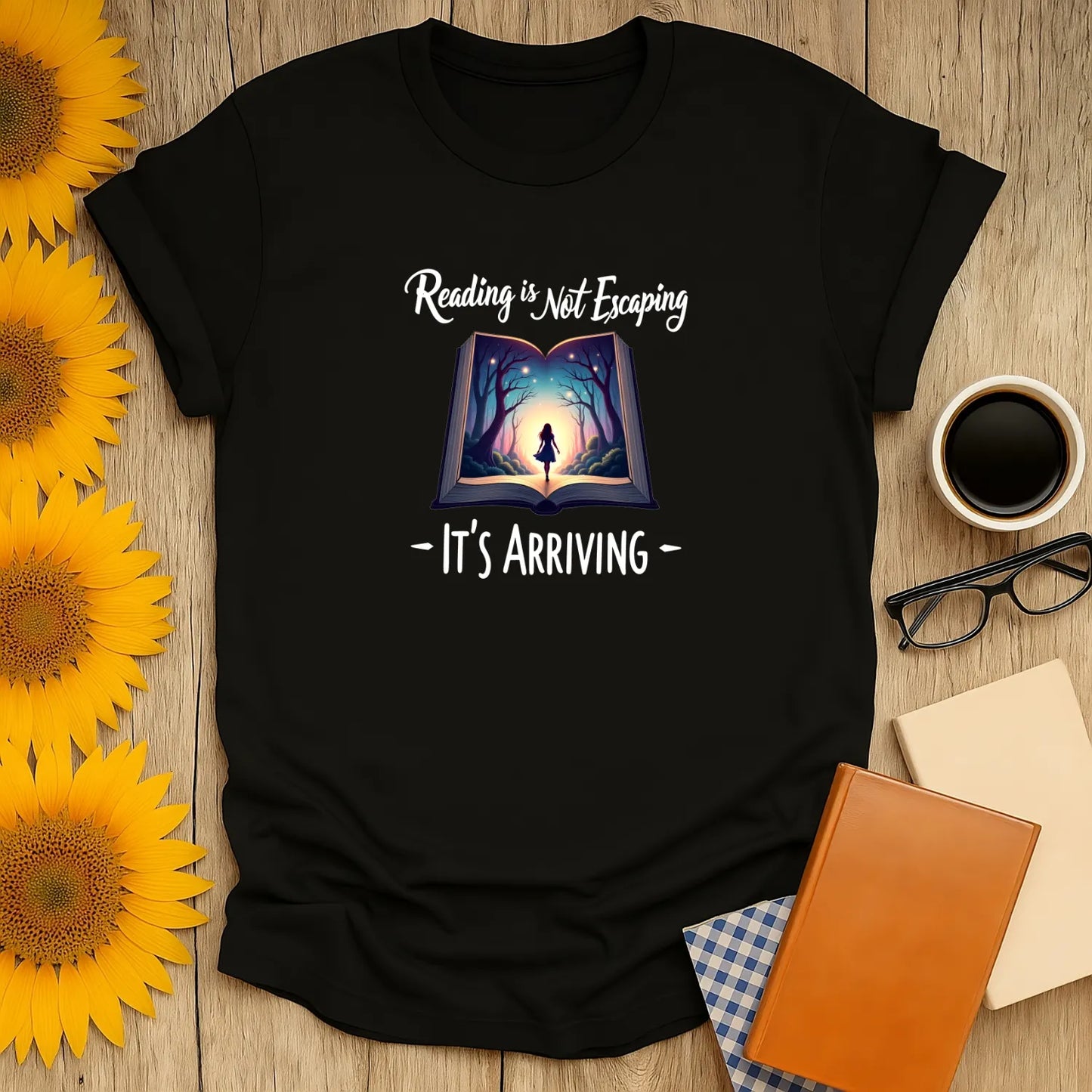 Reading is Arrival T-Shirt featuring a glowing book design, relaxed fit unisex tee perfect for introverts and book lovers 📖