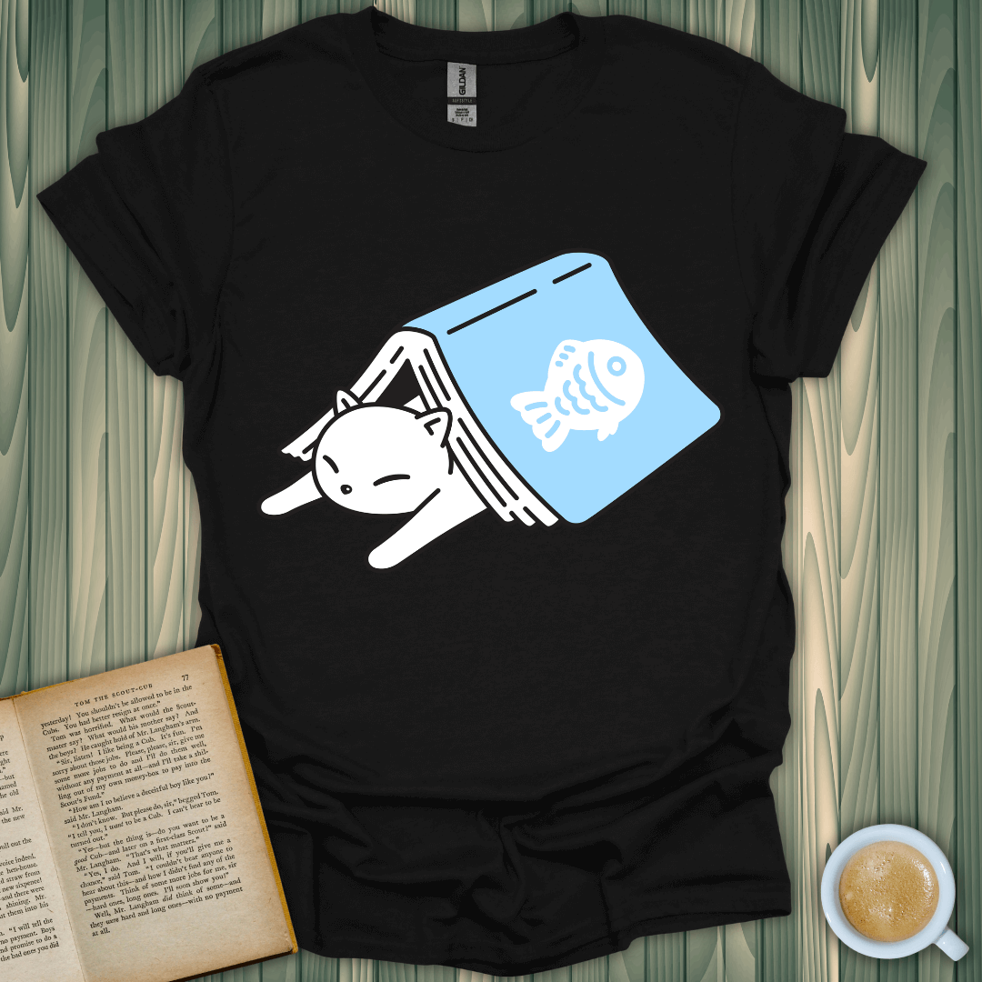 Cat Bookmark T-Shirt designed for book lovers, featuring a cute cat and fish design on a black unisex tee.