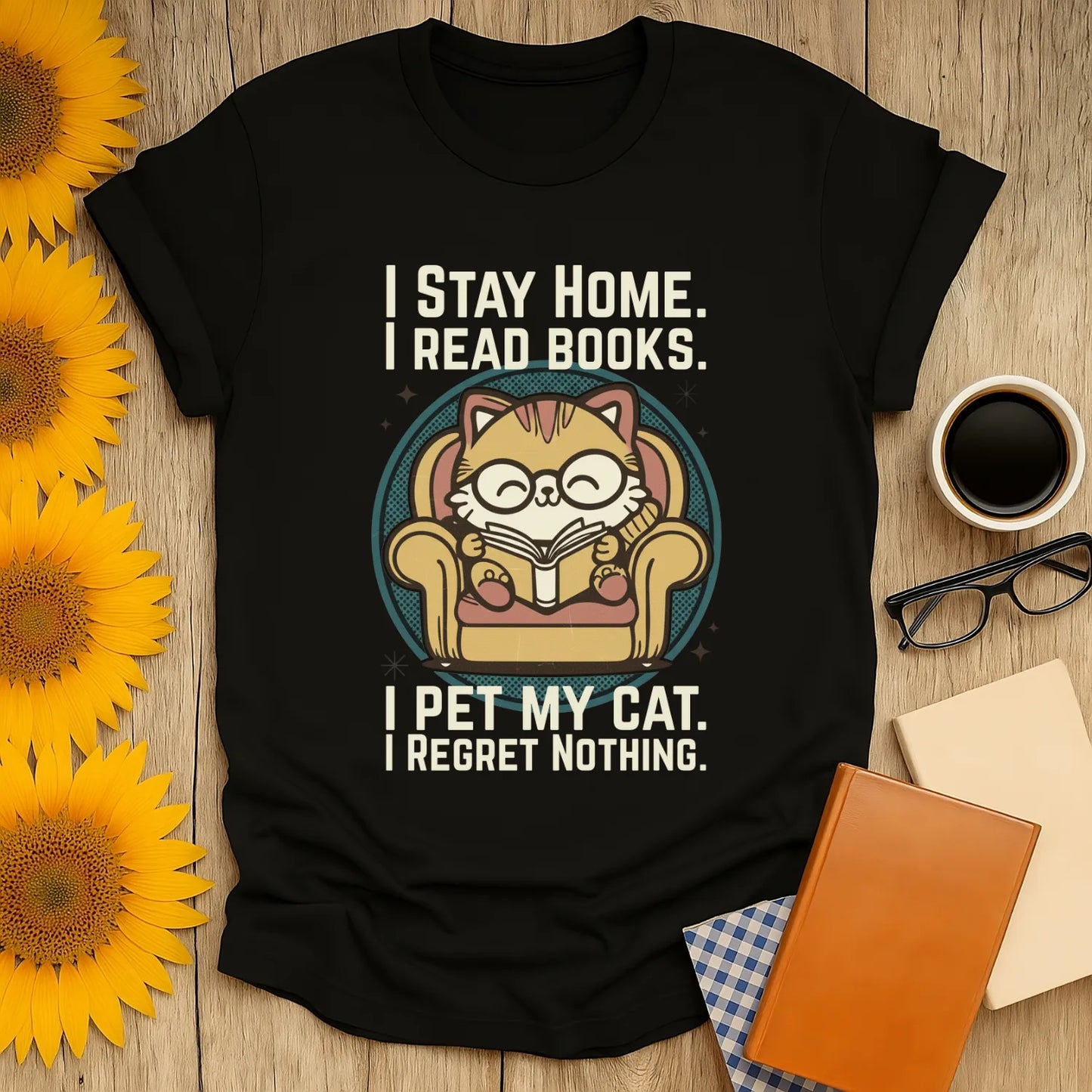 Retro Cat Reader T-Shirt featuring a cute cat in glasses reading, with a cozy vibe, perfect for book lovers and cat enthusiasts.