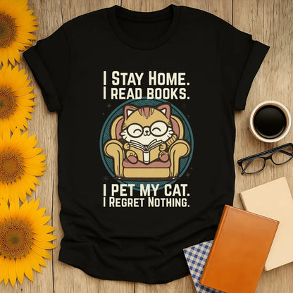 Retro Cat Reader T-Shirt featuring a cute cat in glasses reading, with a cozy vibe, perfect for book lovers and cat enthusiasts.