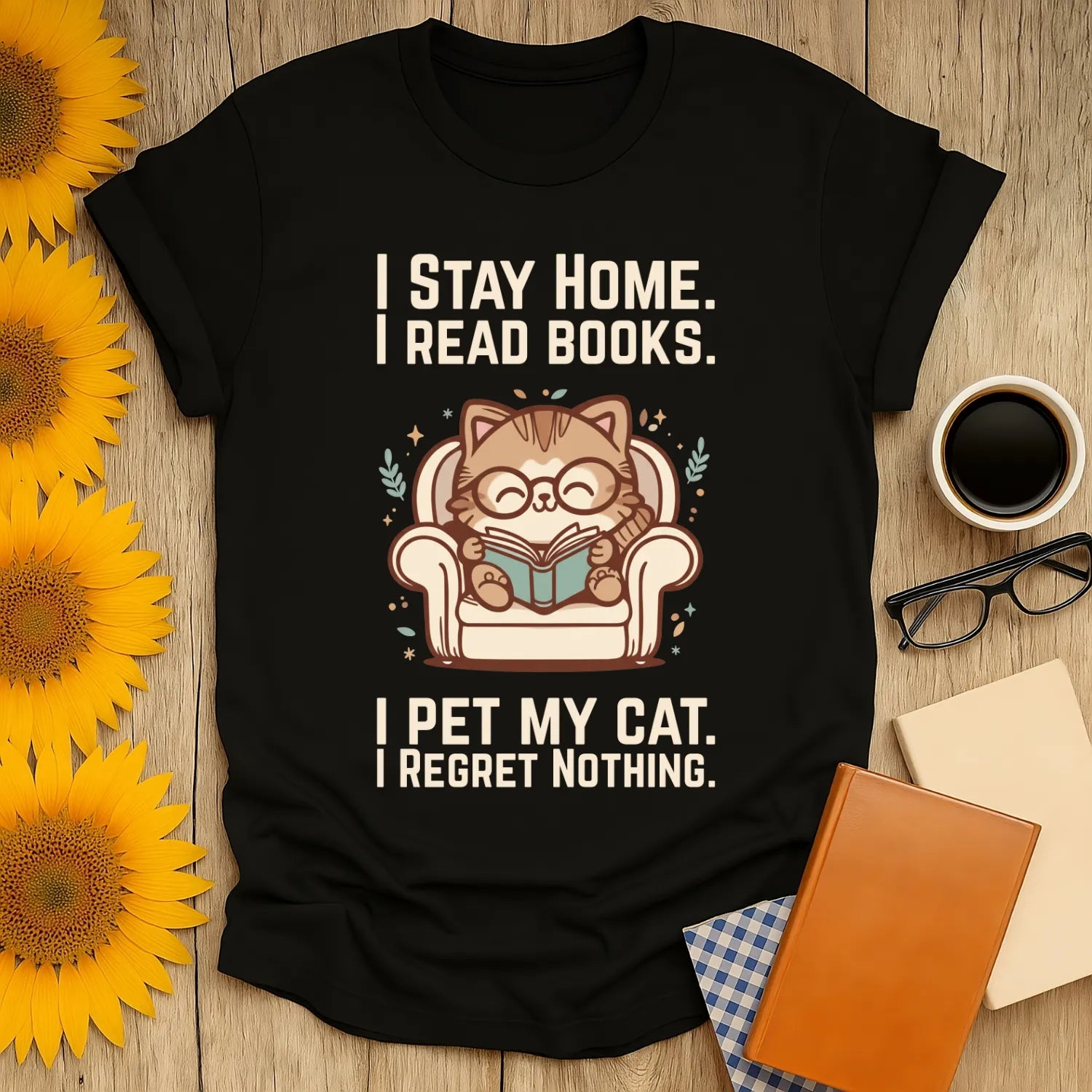 Homebody Cat Reader T-Shirt featuring a cozy cat in glasses reading, with the text: "I Stay Home. I Read Books. I Pet My Cat. I Regret Nothing."