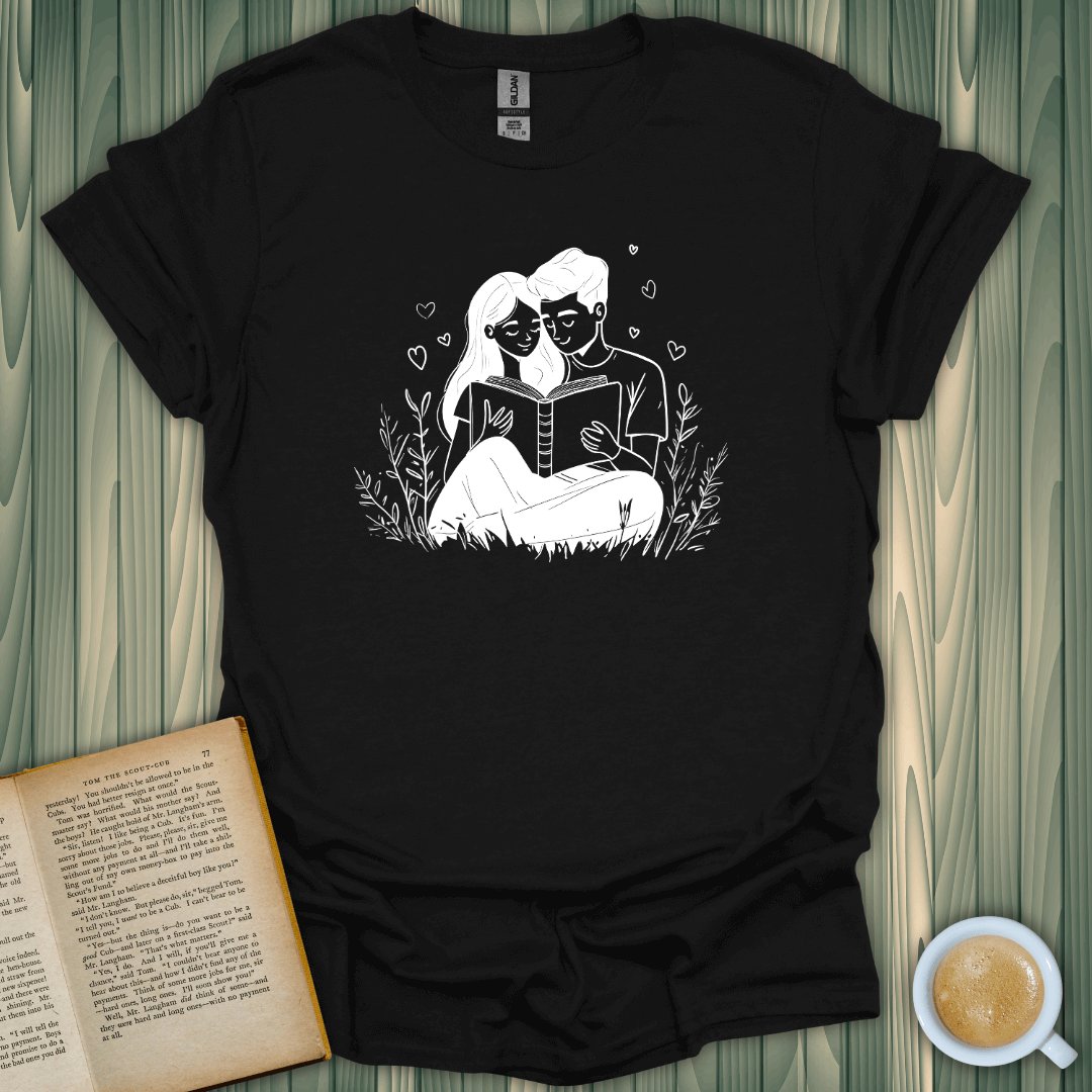 Chapter of Us T-Shirt featuring a couple reading together, perfect for book lovers. 100% ring-spun cotton, unisex fit.