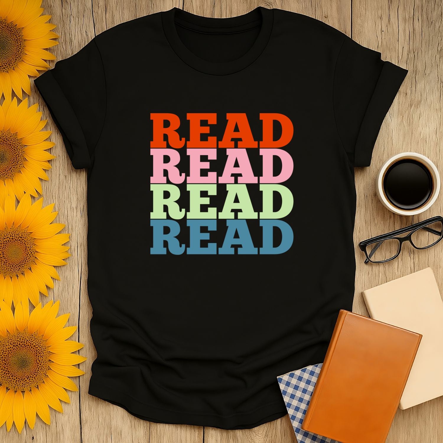 Colorful 'READ' graphic tee for book lovers, perfect cozy gift for cat, coffee, or tea enthusiasts. A fun literary statement shirt!