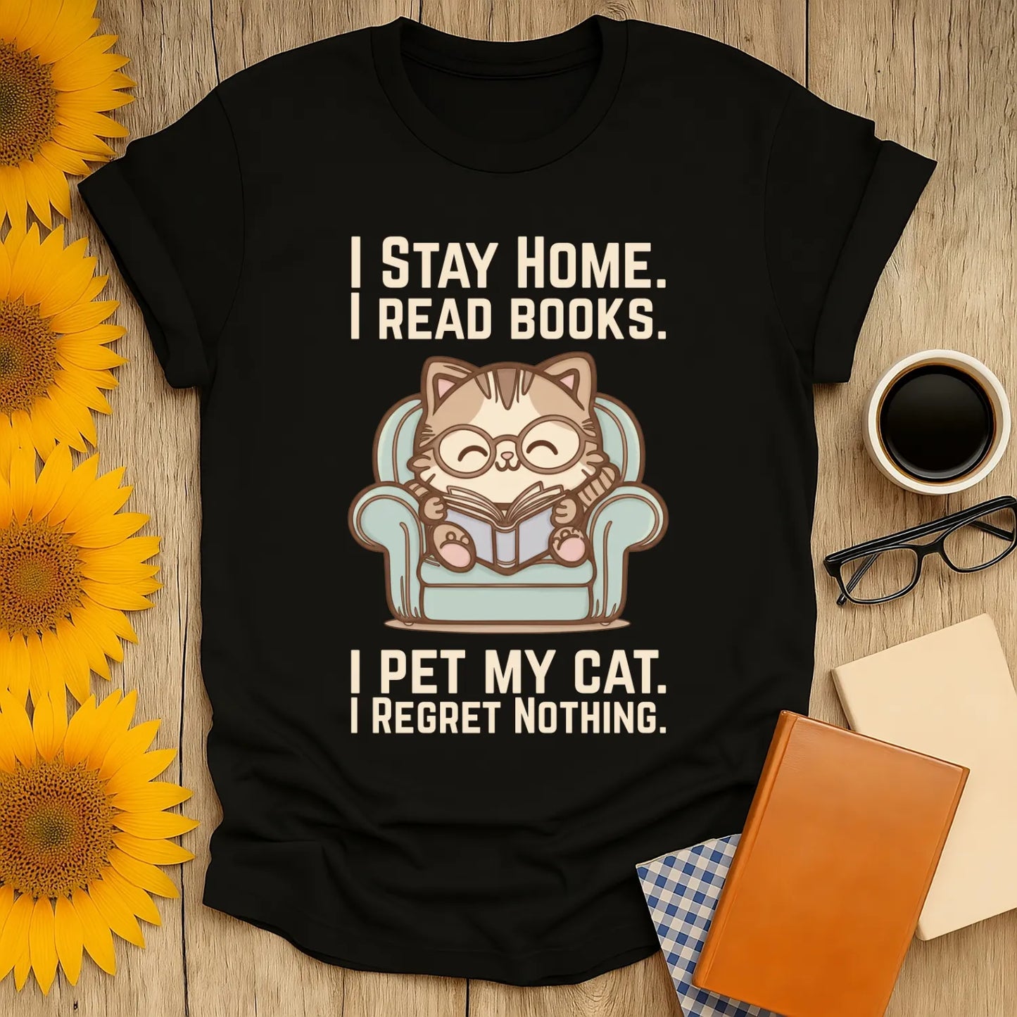 Cozy Comfy Cat Reader T-Shirt featuring a cat in glasses reading with text: 'I Stay Home. I Read Books. I Pet My Cat. I Regret Nothing.' Great gift for book lovers!