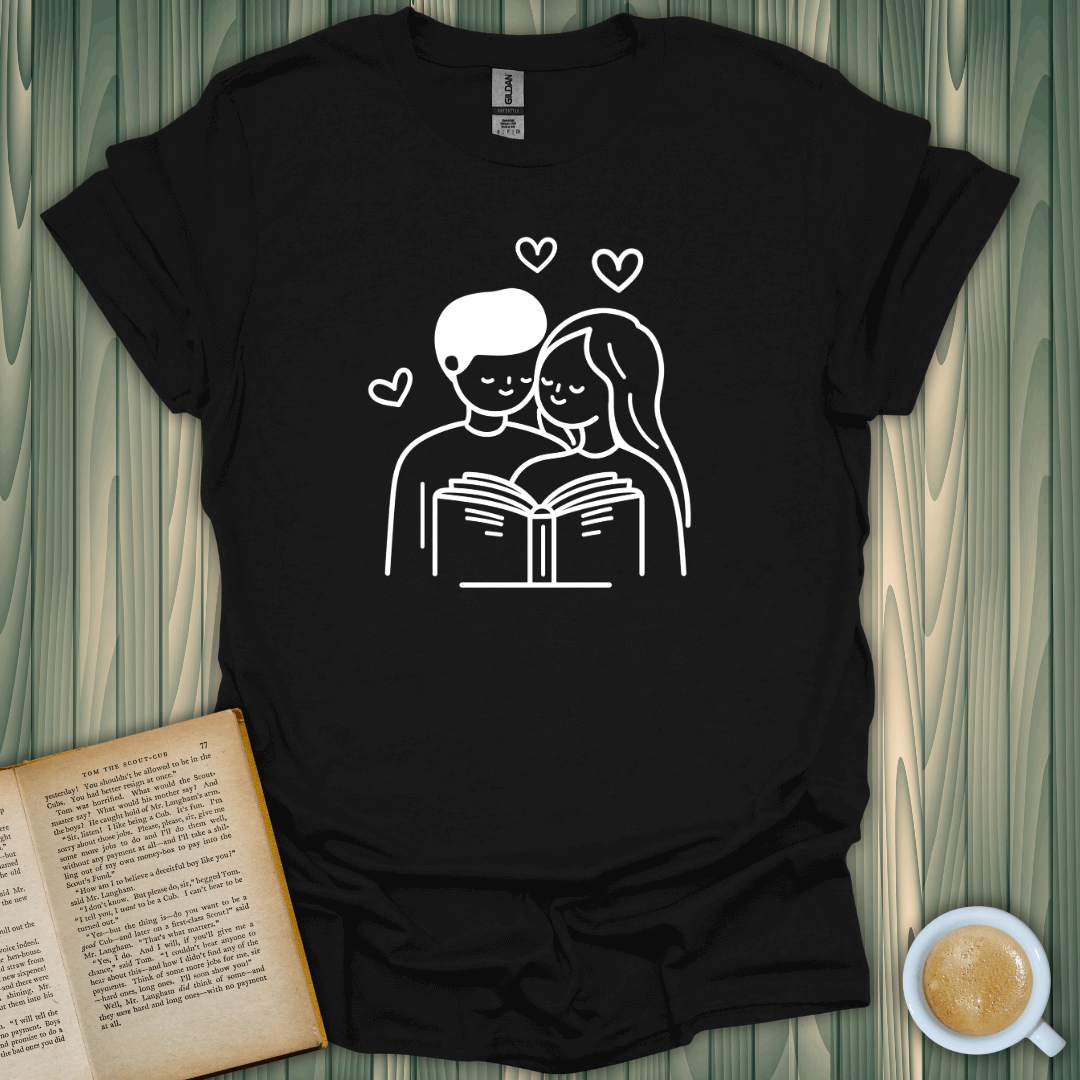 First Read Love T-Shirt design featuring a couple reading together, perfect for book lovers.