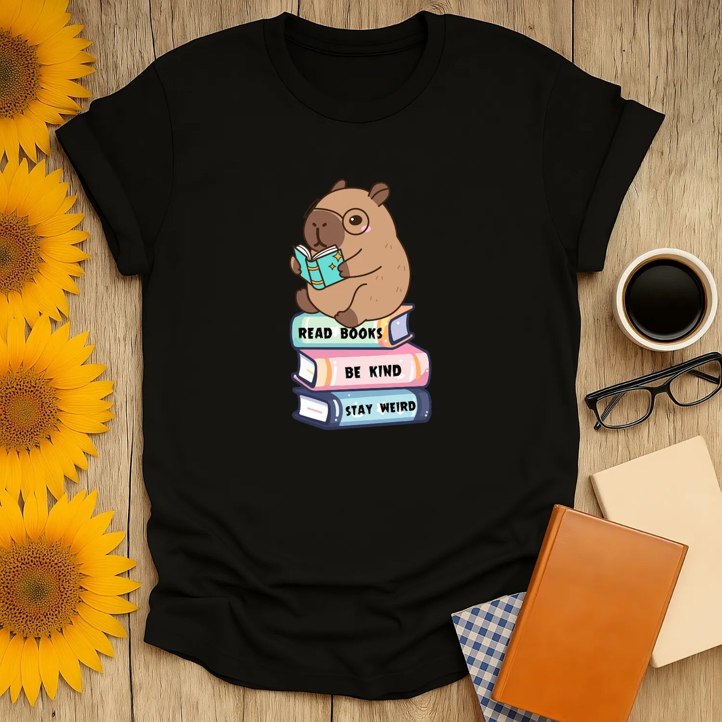Capybara Reader T-Shirt featuring a cute capybara reading, relaxed fit unisex shirt for introverts, cozy reading outfit 📖