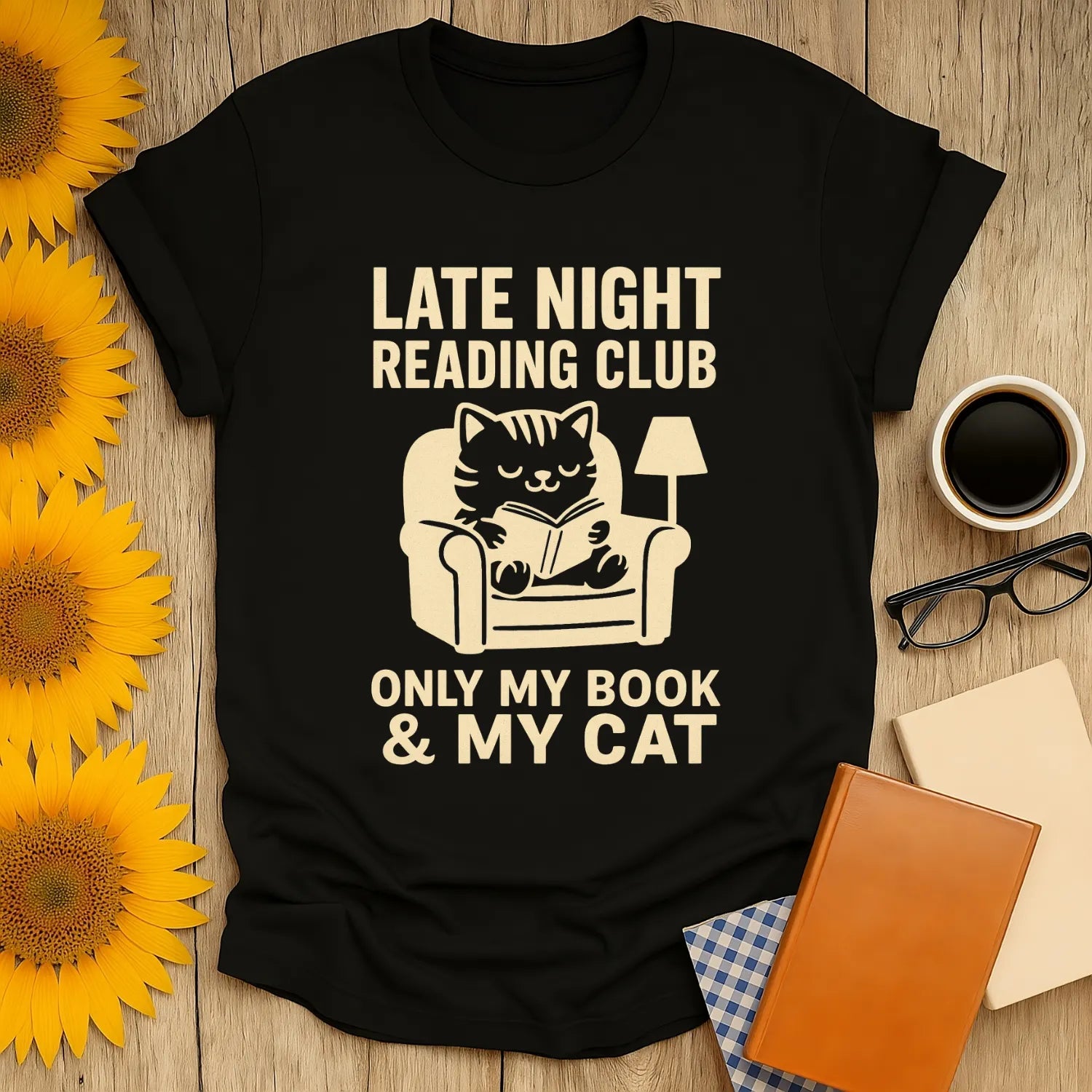 Funny Late Night Reading Club t-shirt featuring a cozy cat reading, perfect gift for book lovers and cat enthusiasts.