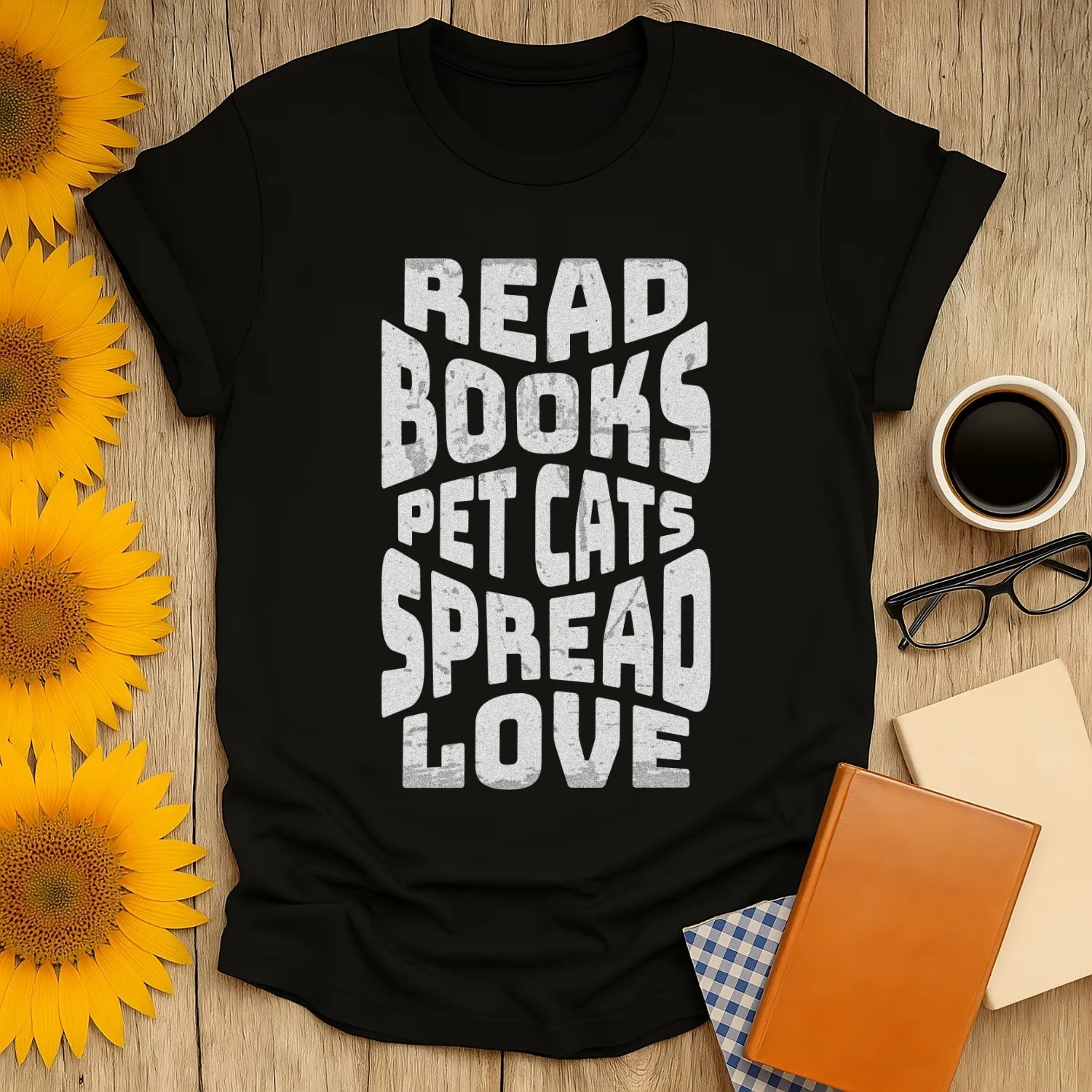 Spread Bookish Love T-Shirt with bold text: 'Read Books, Pet Cats, Spread Love,' perfect for book lovers and cat enthusiasts.