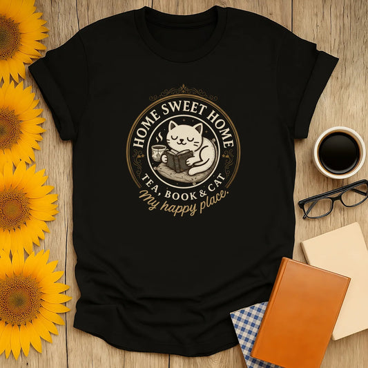Happy Place Reader T-Shirt featuring a cozy cat with tea and books, perfect for book lovers and gifts for readers.