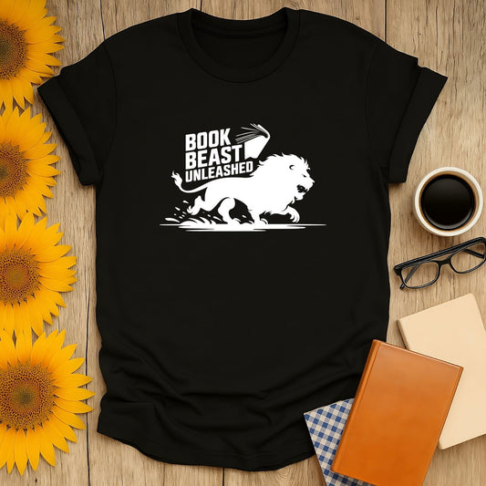 Book Beast Unleashed T-Shirt for book lovers, featuring a lion graphic, perfect for casual wear.