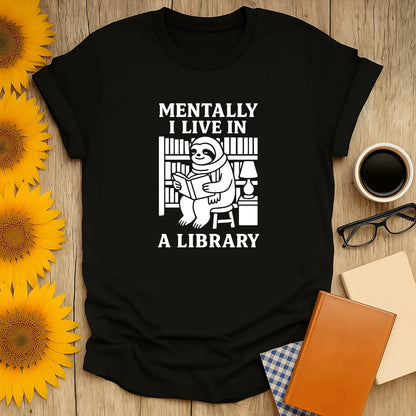 Funny reading tee featuring a sloth in a library, saying "Mentally I Live In A Library"—perfect for book lovers!