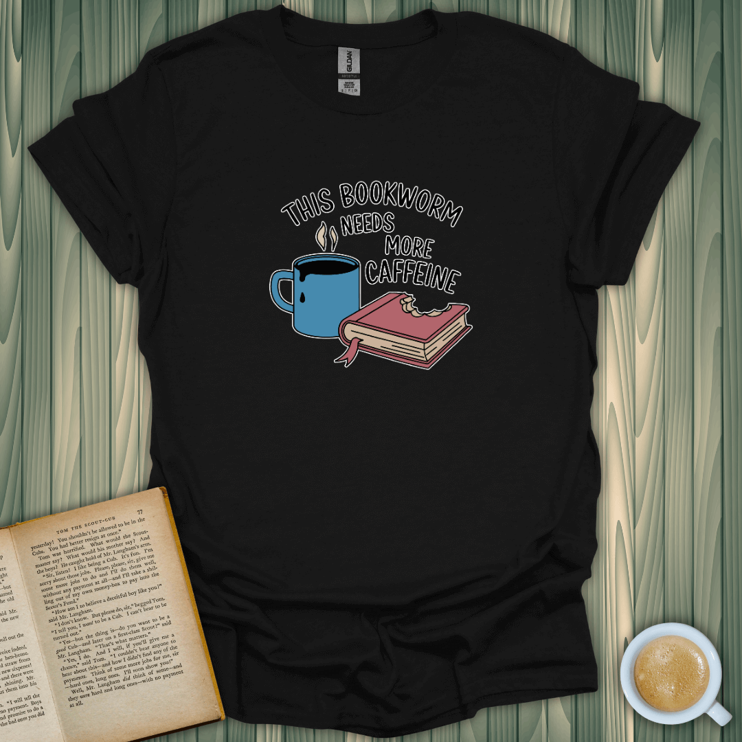 Caffeinated Bookworm T-Shirt featuring coffee cup and book design, perfect for book lovers, made from 100% cotton.