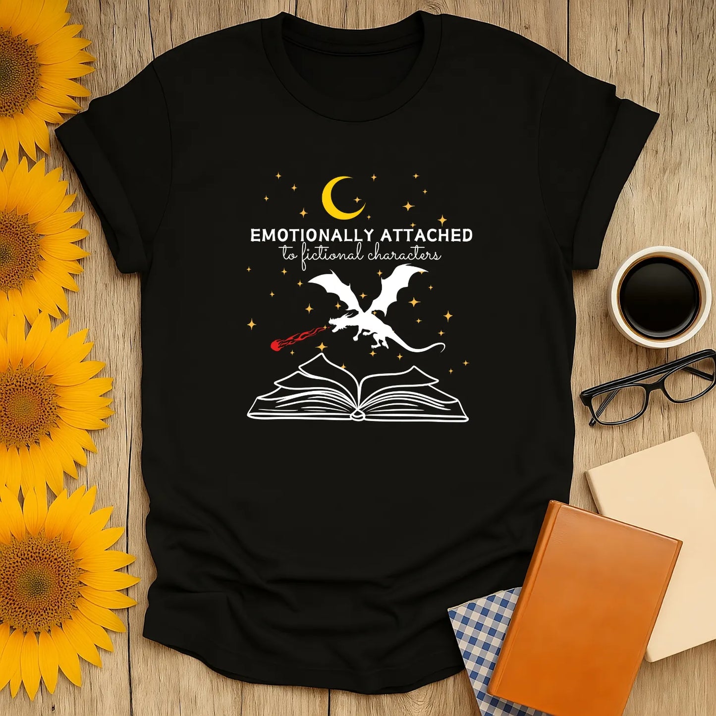 Fictional Characters T-Shirt featuring a dragon and book design, relaxed fit unisex organic cotton tee, perfect for book lovers 📖.