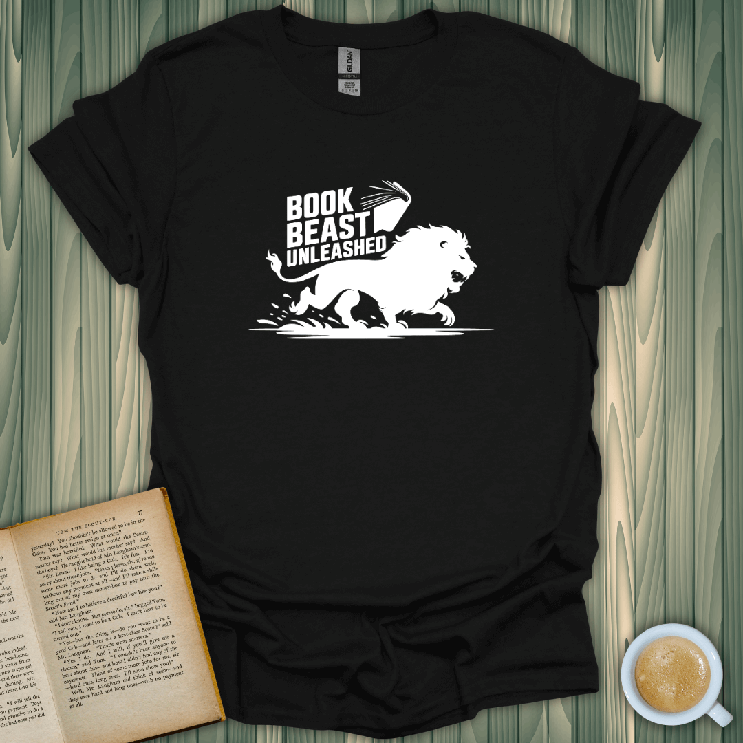 Black unisex Book Beast Unleashed T-Shirt featuring a lion and book design, perfect for book lovers.