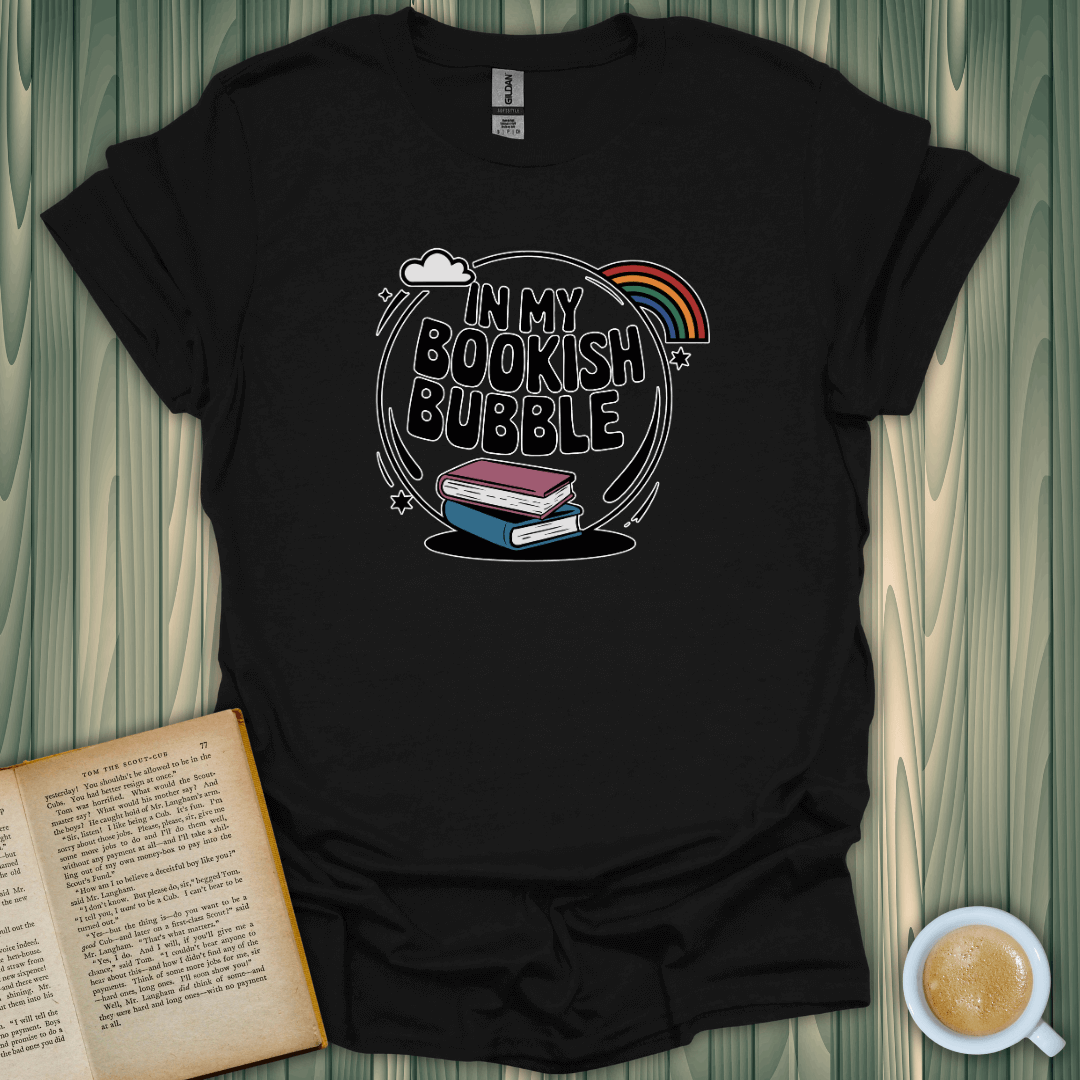 Black t-shirt featuring 'In My Bookish Bubble' design, perfect for book lovers, showcasing vibrant graphics and cozy cotton.