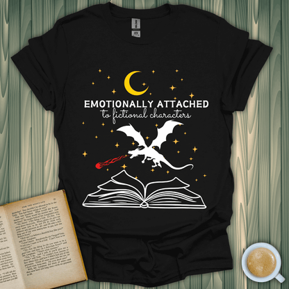 Black t-shirt with 'Emotionally Attached to Fictional Characters' design, perfect for book lovers and fantasy fans.