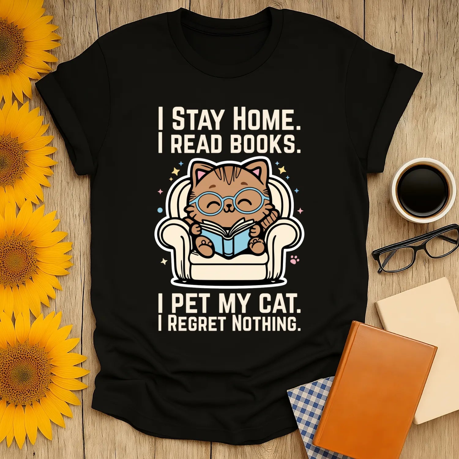 Starry Cat Reader T-Shirt featuring a cozy cat in glasses reading on a couch, perfect for book lovers who enjoy pets.