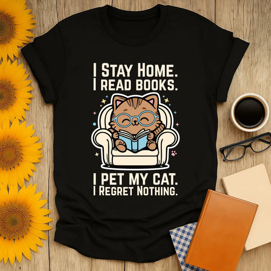 Starry Cat Reader T-Shirt featuring a cozy cat in glasses reading on a couch, perfect for book lovers who enjoy pets.