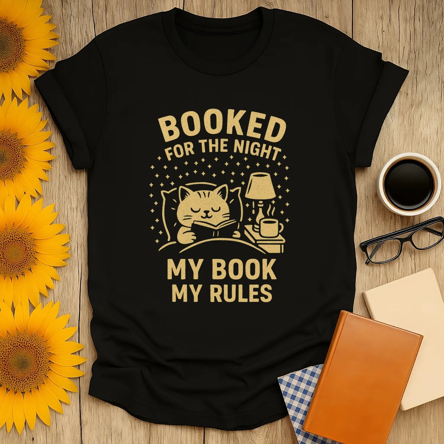 Cozy cat reading shirt reading 'Booked for the Night, My Book My Rules' - a funny gift for book lovers.