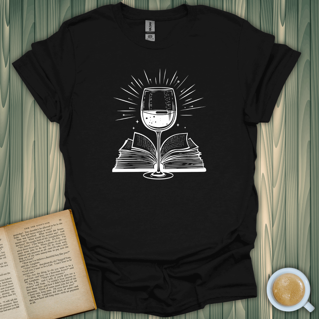 Literary Libations T-Shirt featuring a wine glass over an open book design, perfect for book lovers.