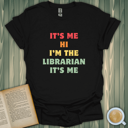 Black unisex Librarian T-Shirt with colorful text, perfect for book lovers and library enthusiasts.