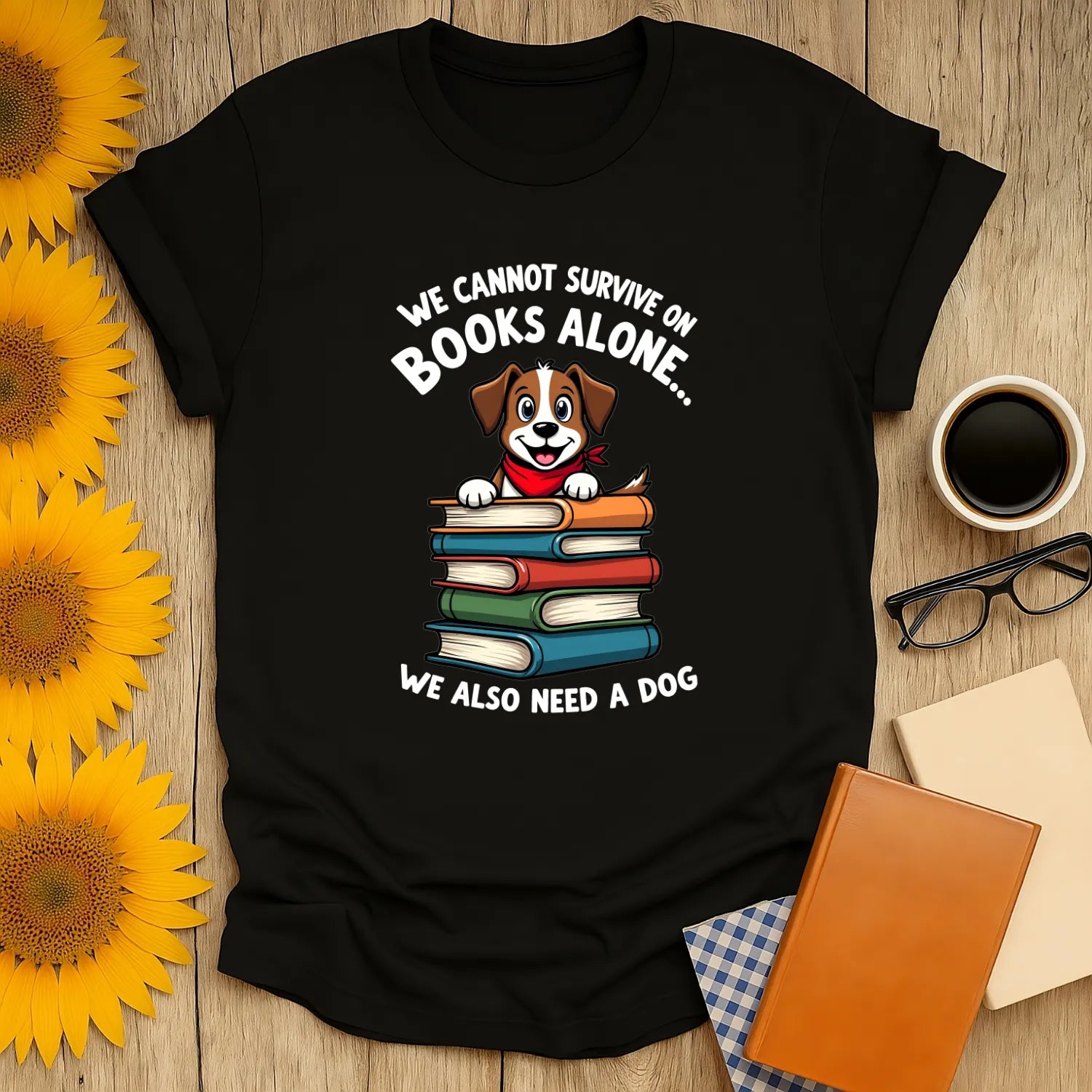 Pup Page Turner T-Shirt featuring a pup on books, relaxed fit unisex outfit for readers, cozy and bookish vibes 📖.