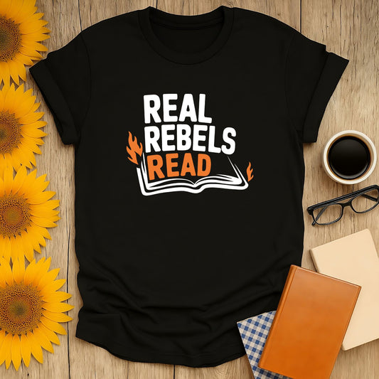 Real Rebels Read T-Shirt for book lovers, featuring vibrant screen print on soft cotton fabric.