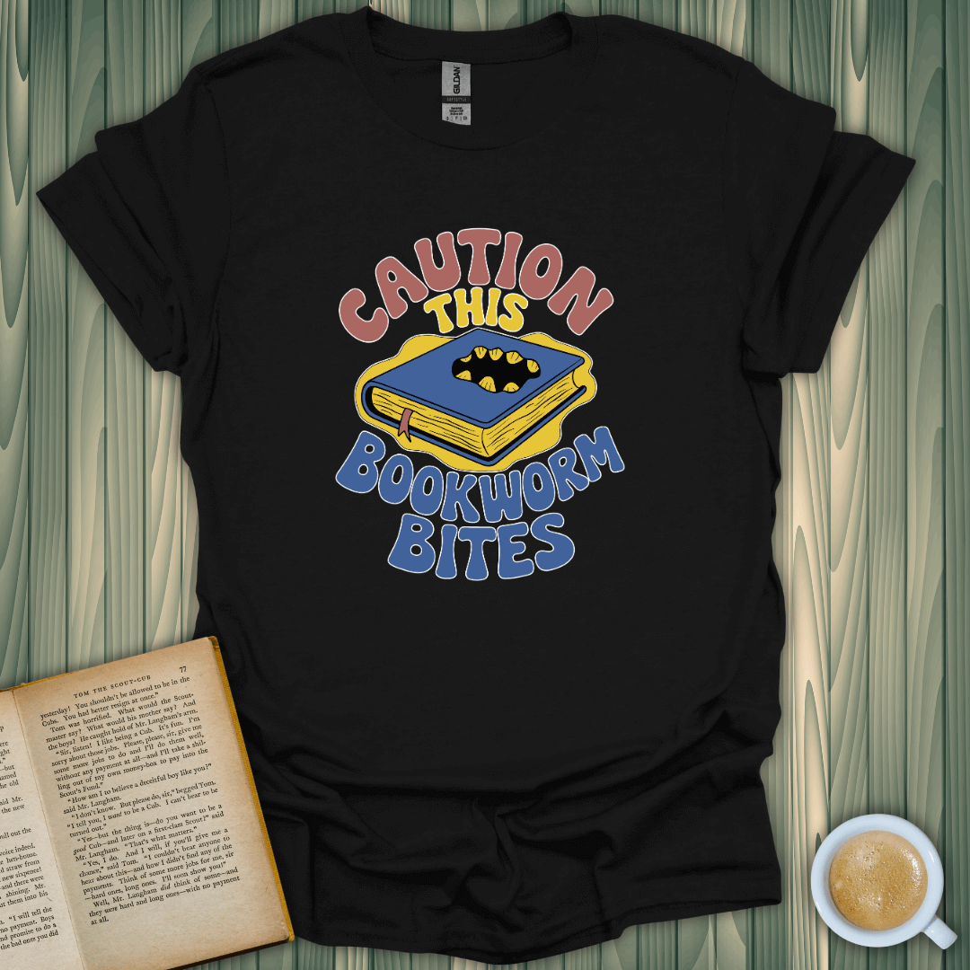 Caution, This Bookworm Bites T-Shirt for book lovers, featuring a colorful book design on a black, unisex tee.